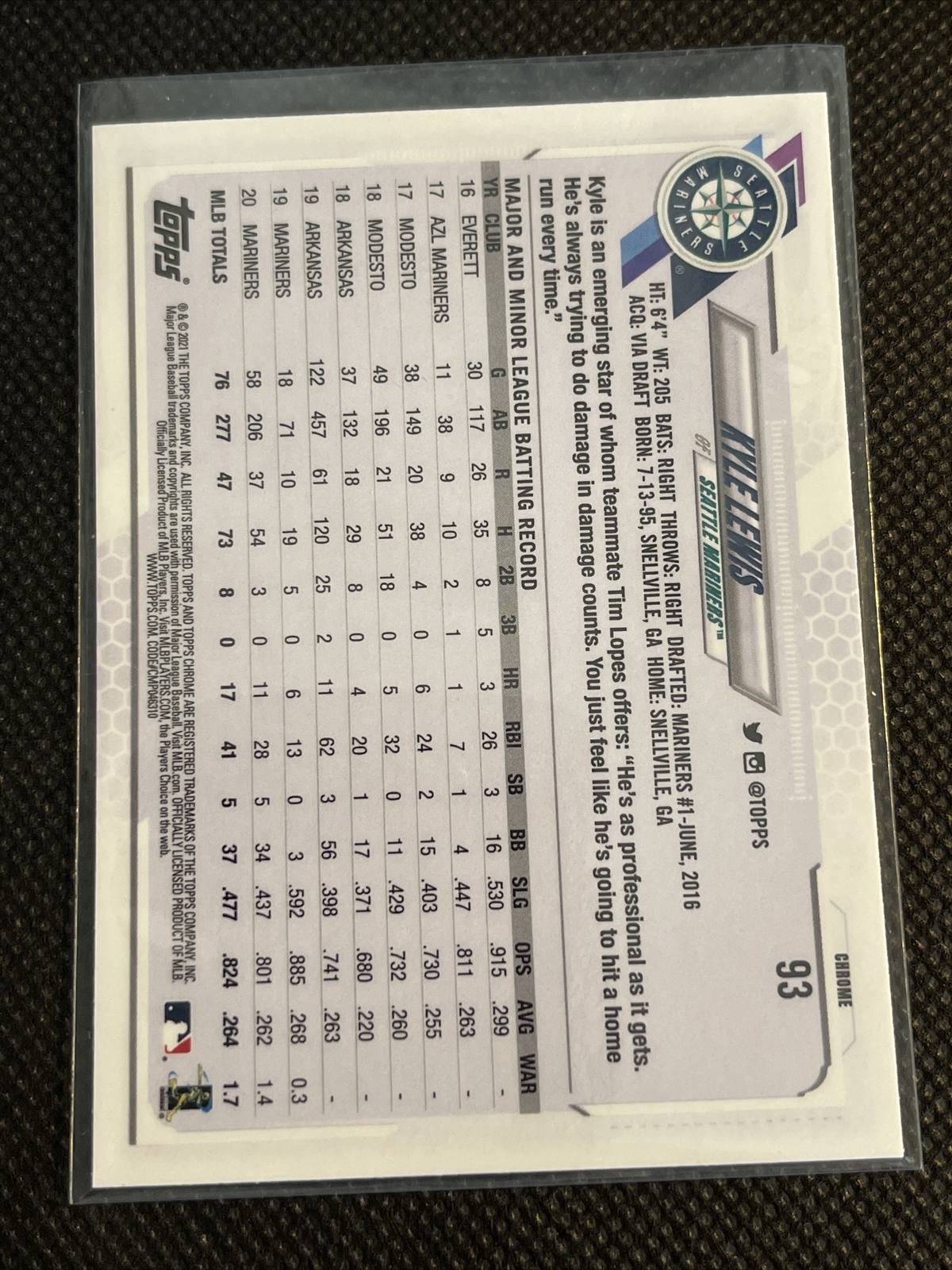 2021 Topps Chrome Negative Refractor #93 Kyle Lewis - Seattle Mariners - Image 3