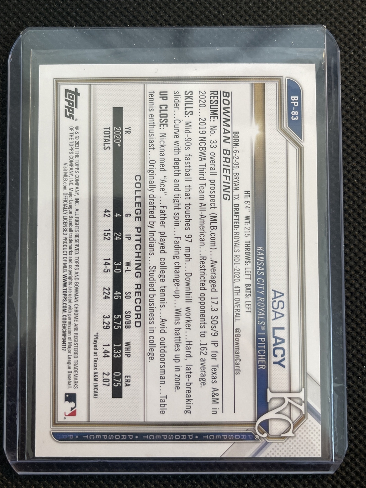 ASA LACY 2021 Bowman Prospects Green Paper 07/99 Kansas City Royals #BP-83 - Image 3