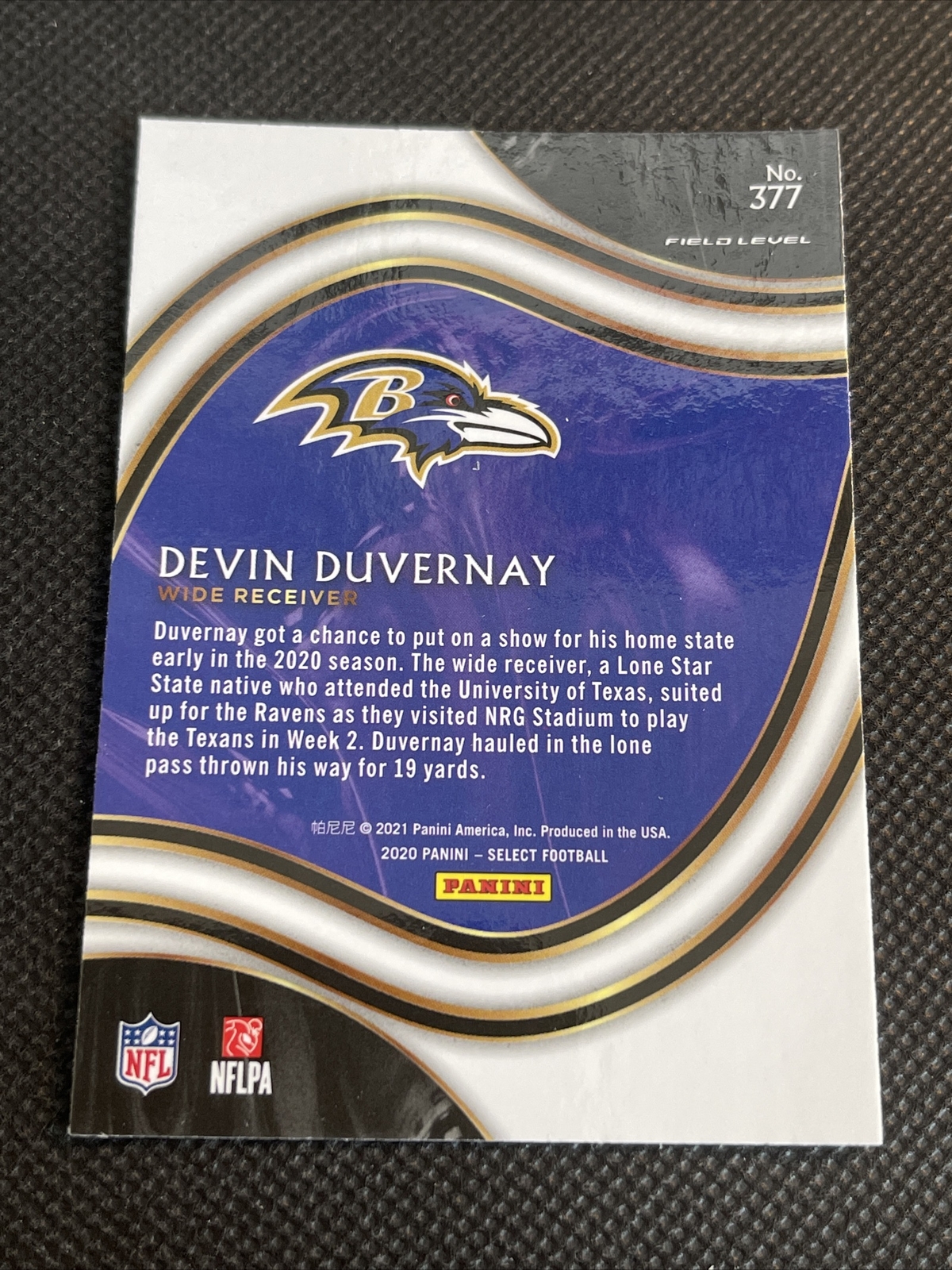 Devin Duvernay 2020 Panini Select Field Level #377 Rookie Baltimore Ravens - Image 3