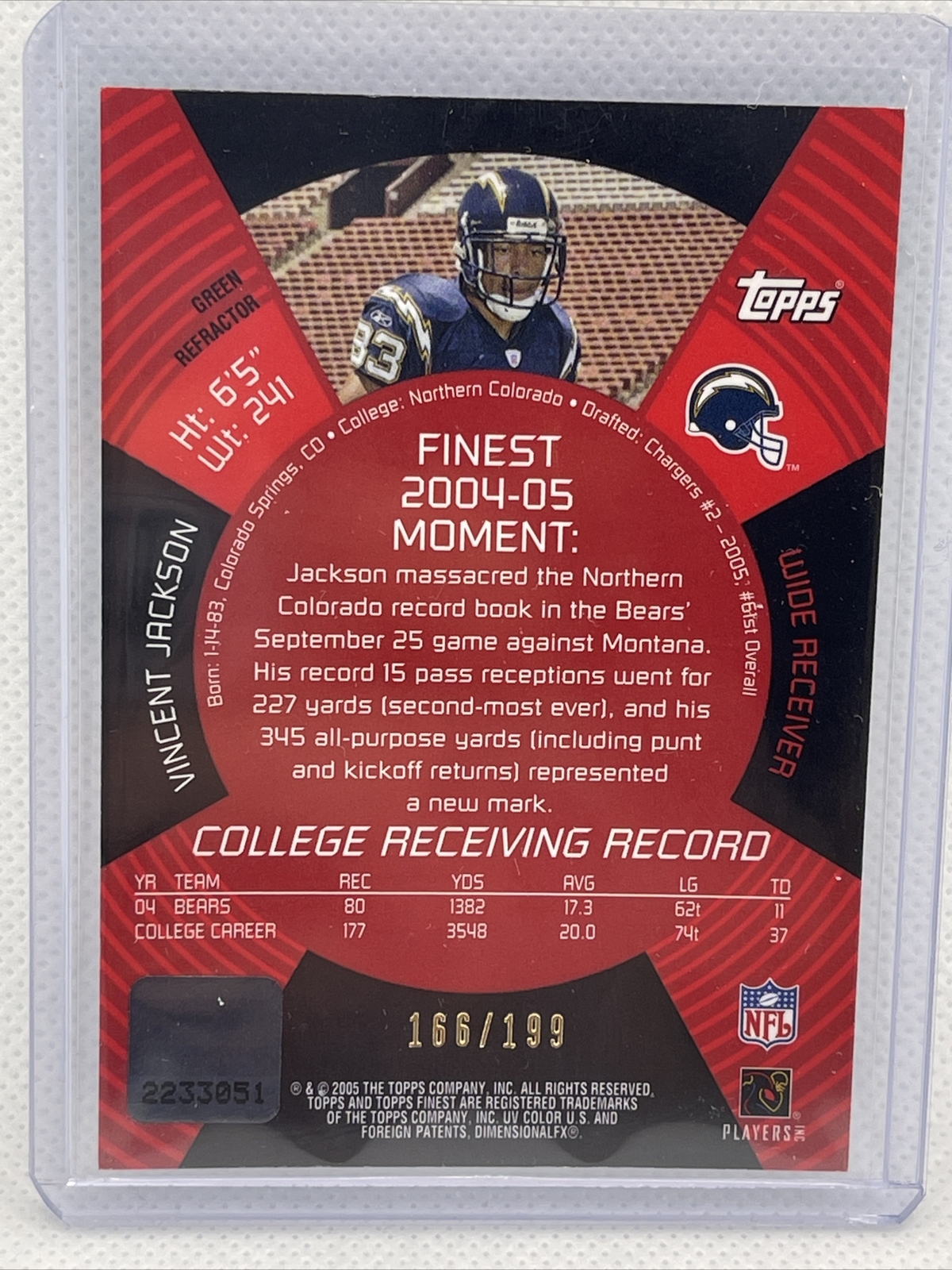 2005 Topps Finest Green Refractor /199 Vincent Jackson Rookie Auto - Image 3