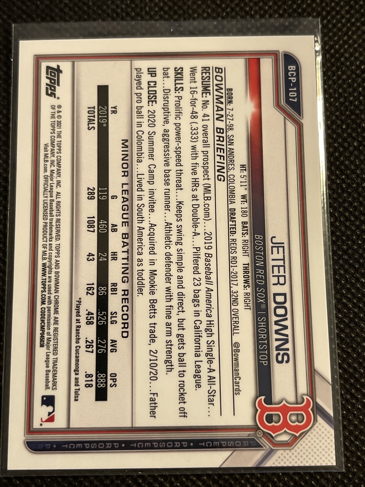 2021 Bowman Chrome Sapphire Edition Jeter Downs Prospects Aqua Refractor /99 - Image 3