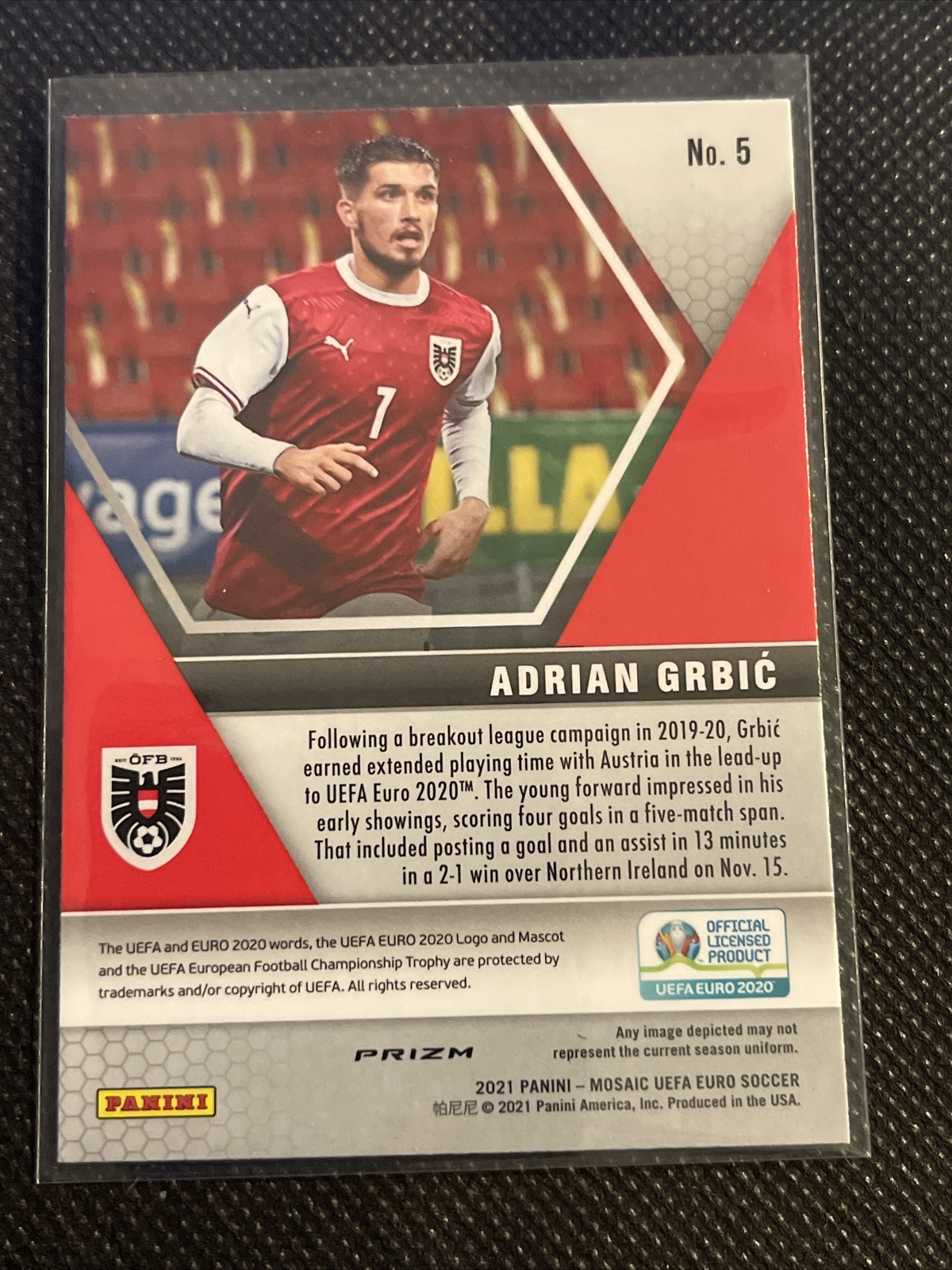 2021 Panini Mosaic Euro Soccer Silver Prizm #5 Adrian Grbic RC Rookie Austria - Image 3