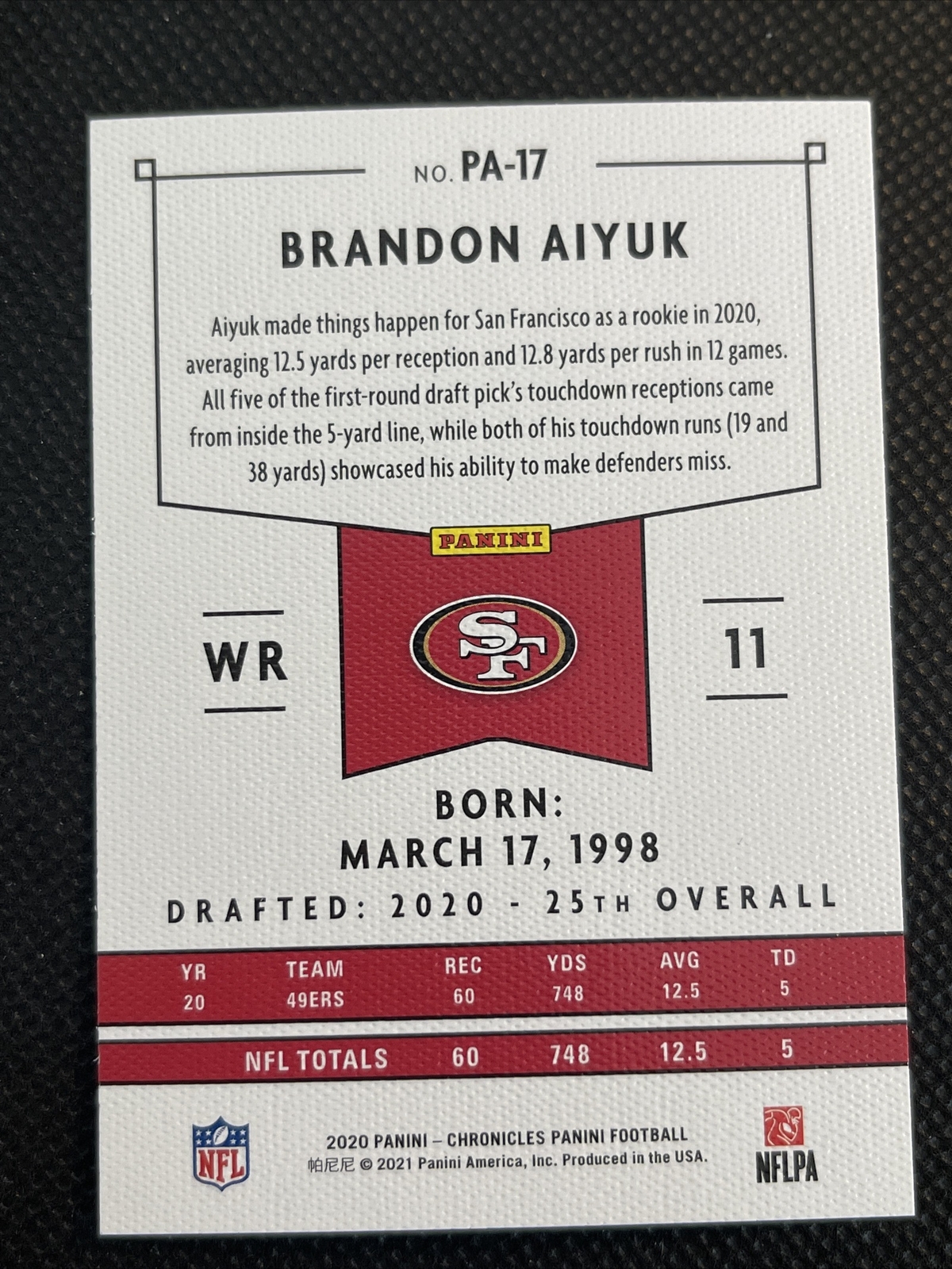 Brandon Aiyuk 2020 Panini Football Rookie TEAL #PA-17 Chronicles 49ers Insert RC - Image 3