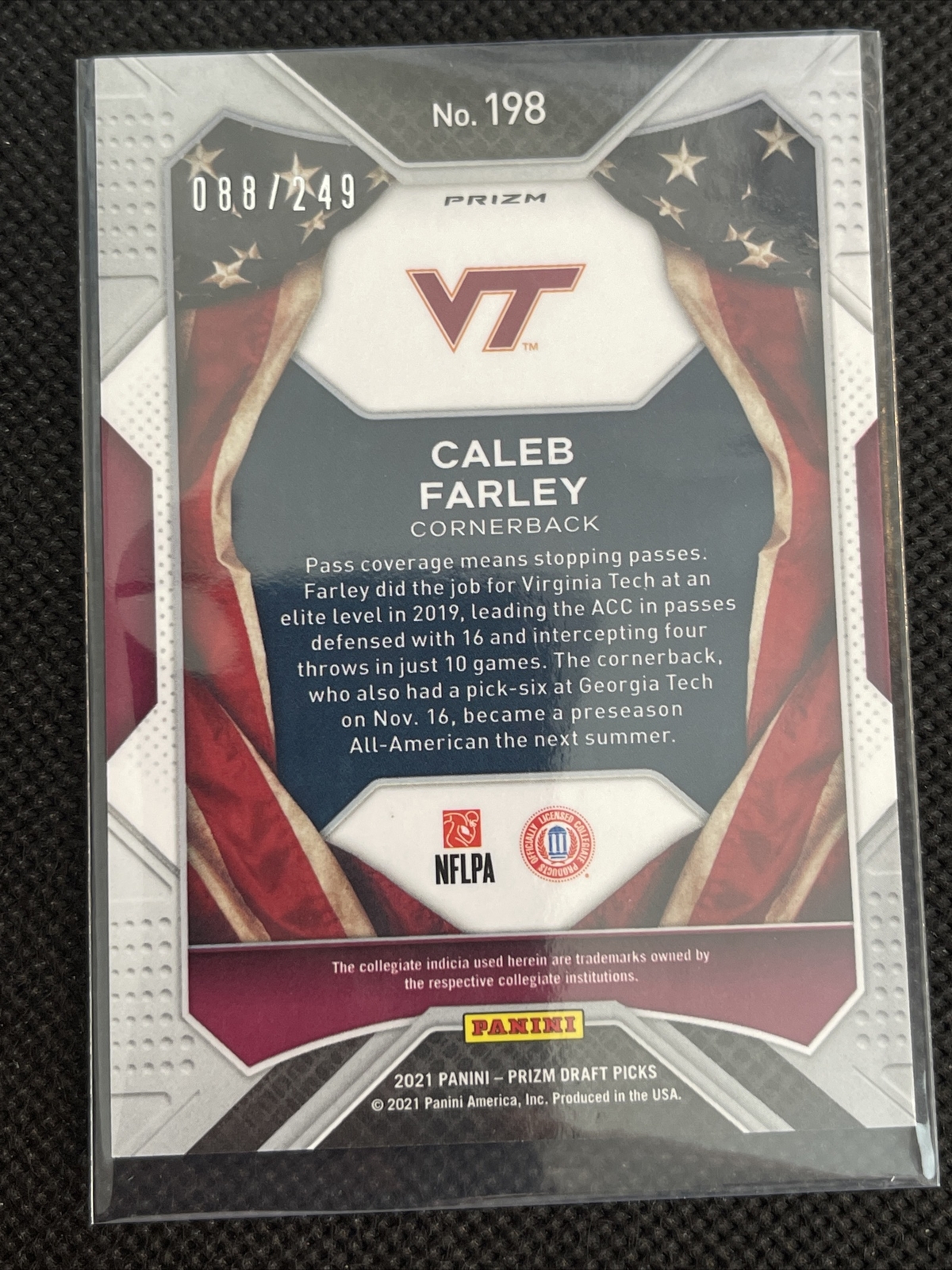 2021 Panini Prizm Draft Picks Blue Prizm Caleb Farley Americans /249 RC Virginia - Image 3
