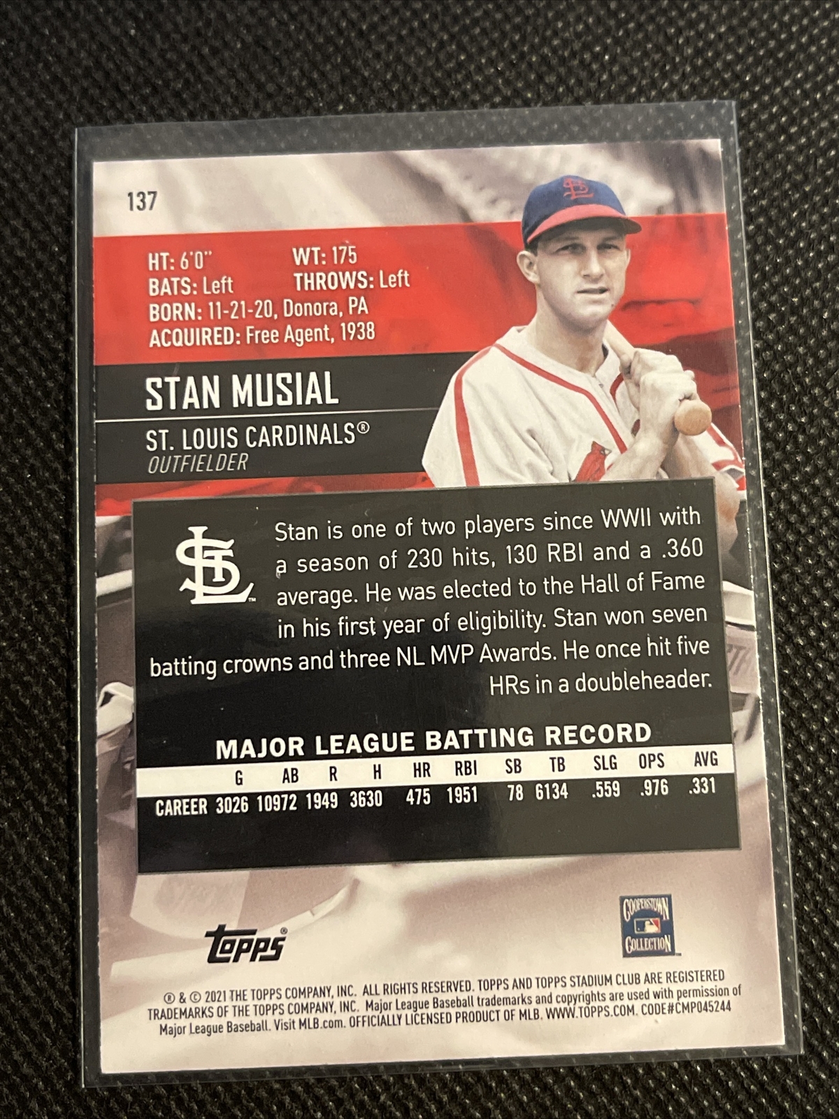 2021 Topps Stadium Club Black Parallel #137 Stan Musial - St. Louis Cardinals - Image 3