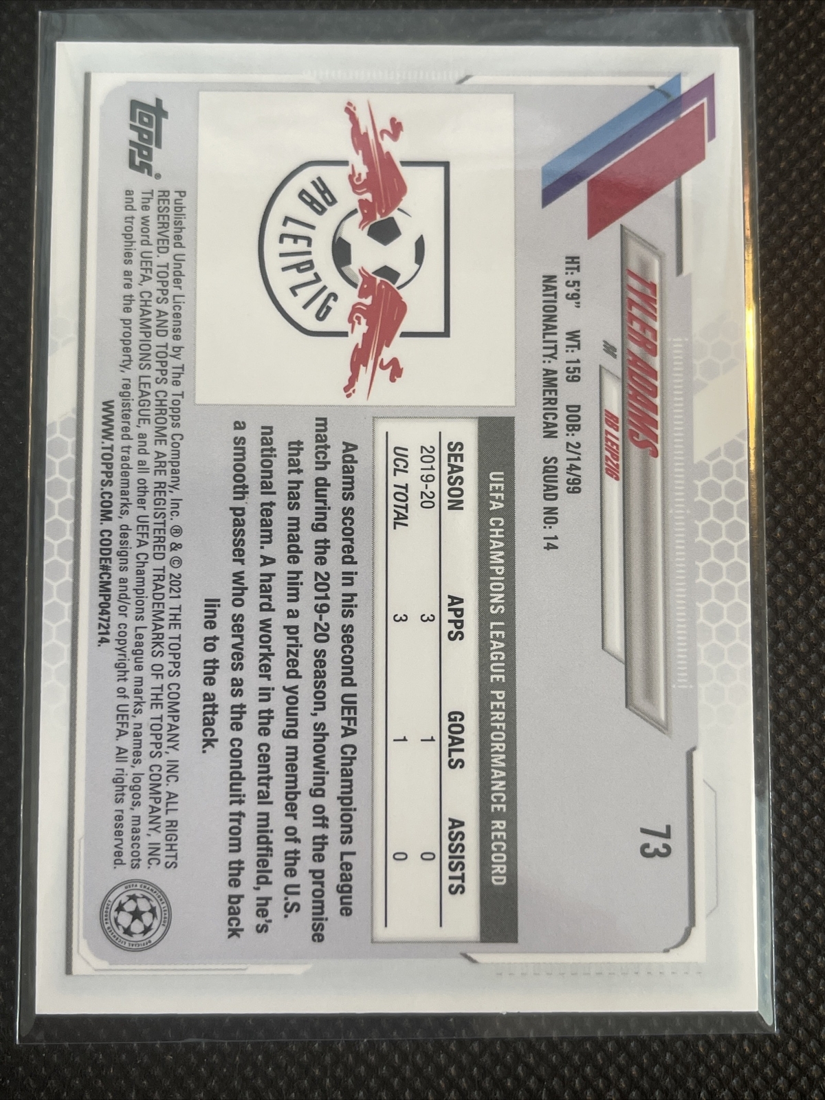2020-21 Topps Chrome UEFA Sapphire #73 - Tyler Adams - Leipzig - Image 3