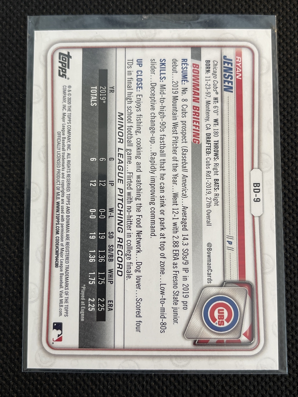 2020 Bowman Draft 1st Edition ROOKIE SKY BLUE #BD-9 RYAN JENSEN CUBS - Image 3