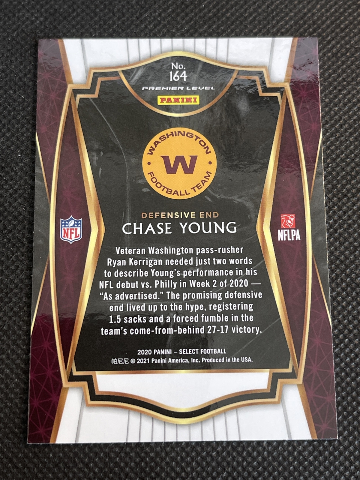 2020 Select Premier Level Chase Young RC #164 - Image 3