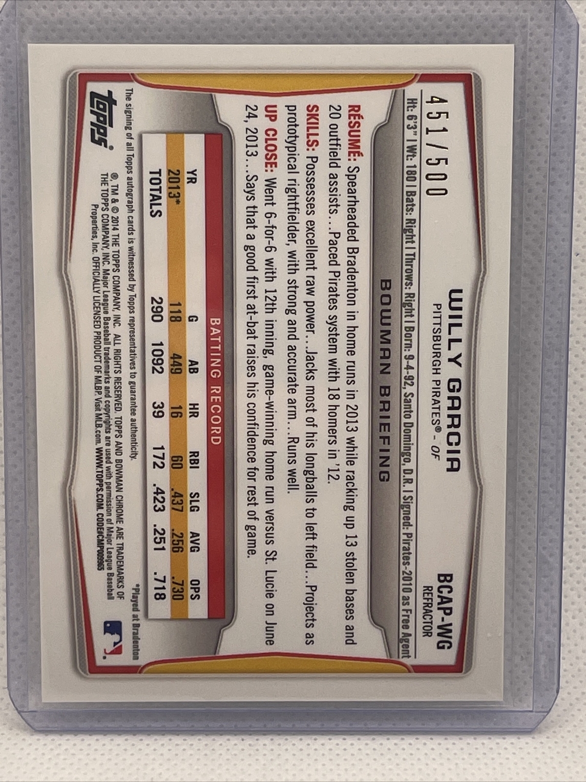 WILLY GARCIA PIRATES RC AUTO 2014 BOWMAN CHROME #BCAP-WG REFRACTOR /500 - Image 3